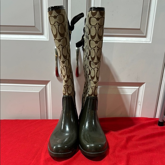 Green and Brown Coach Signature Winter Rain Boots - Picture 1 of 11